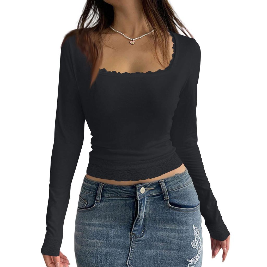 Women's Cotton Long Sleeve Lace Patchwork Navel-Exposed Square Neck T-Shirt