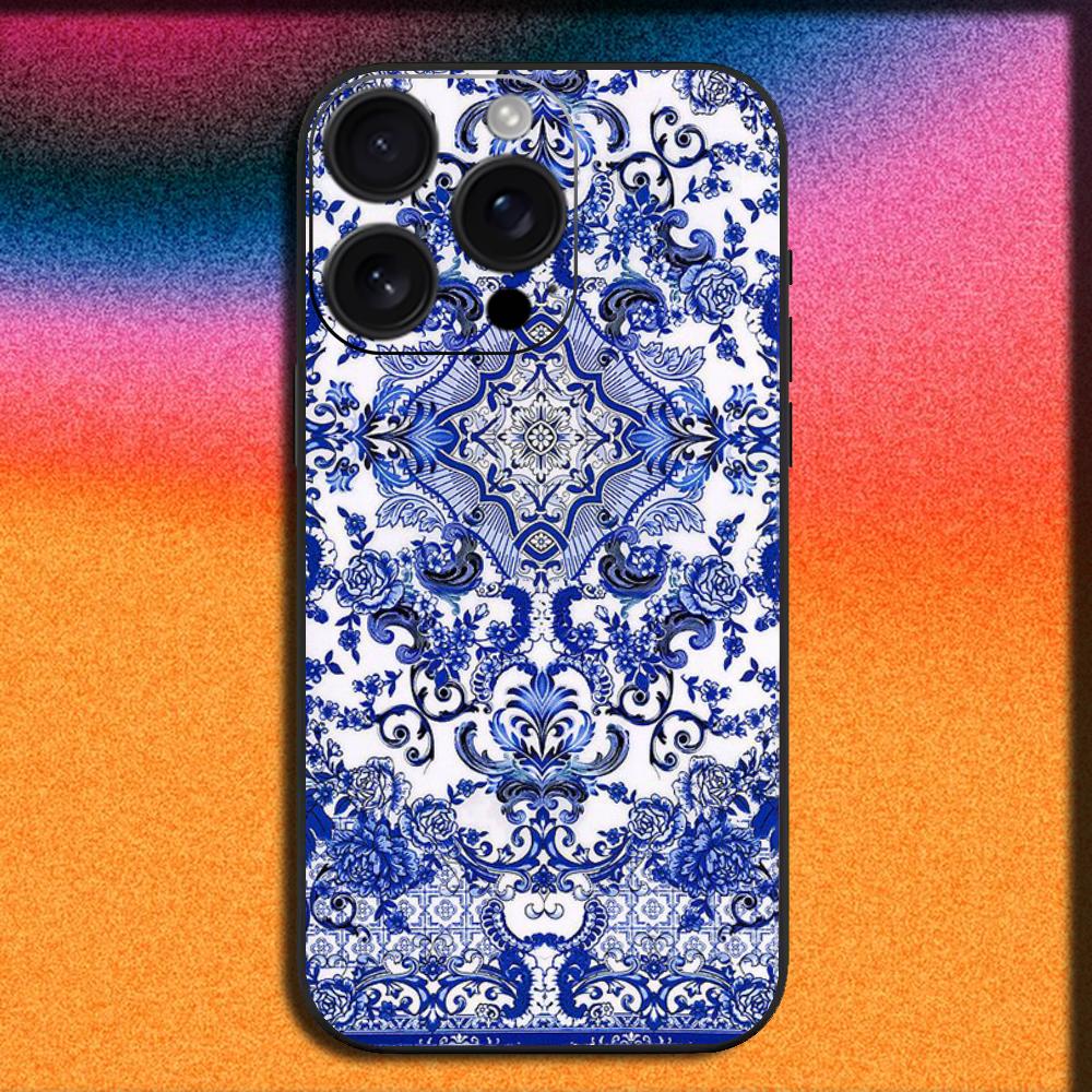 Blue and White Porcelain Phone Case For iPhone 16,15,14,13,12,11,Pro,XS,Max,XR,Plus,E,Mini Soft Black Cover
