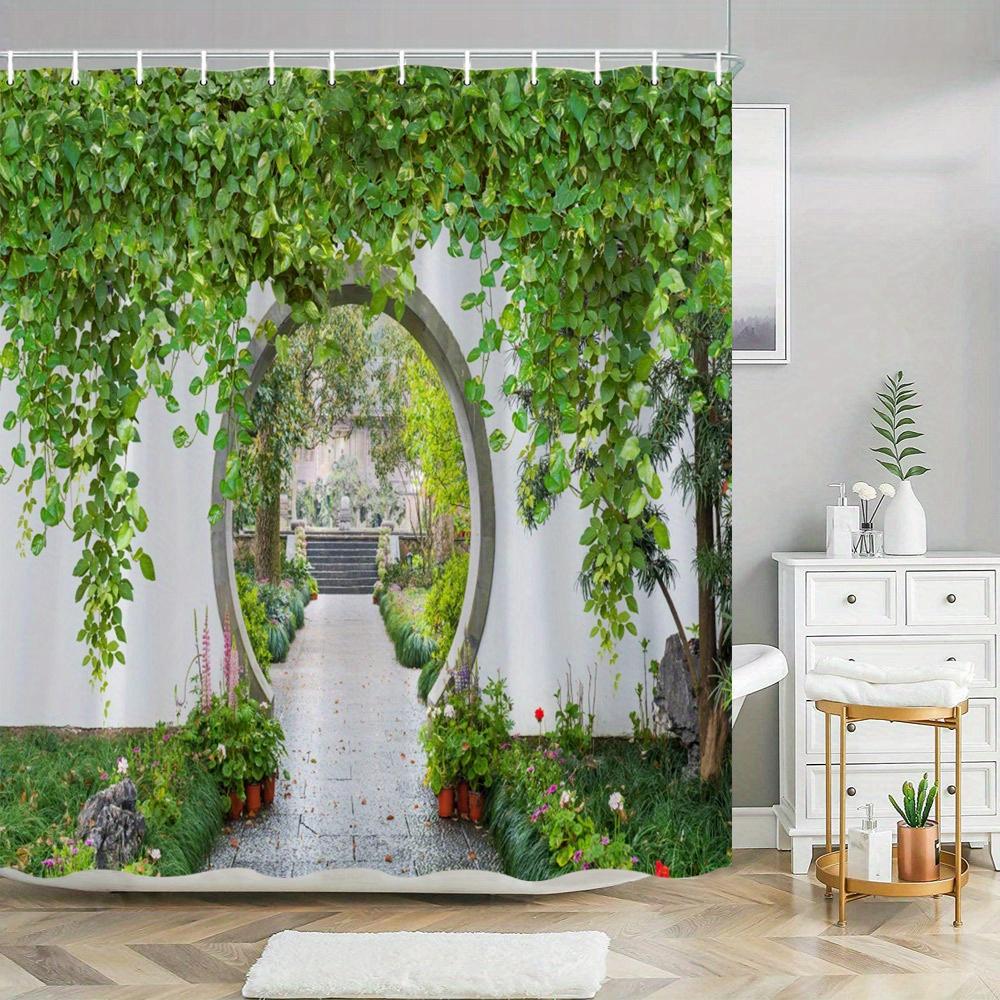 Shower Curtain: Serene Garden Path with Lush Greenery and Flowers for a Tranquil Bathroom Decor