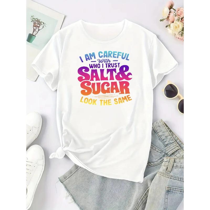 European Size Women's Size Oversized Casual T-Shirt - Bold "Who I Trust Carefully" Letter Print Round Neck Short Sleeve Top, Comfortable Casual Attire