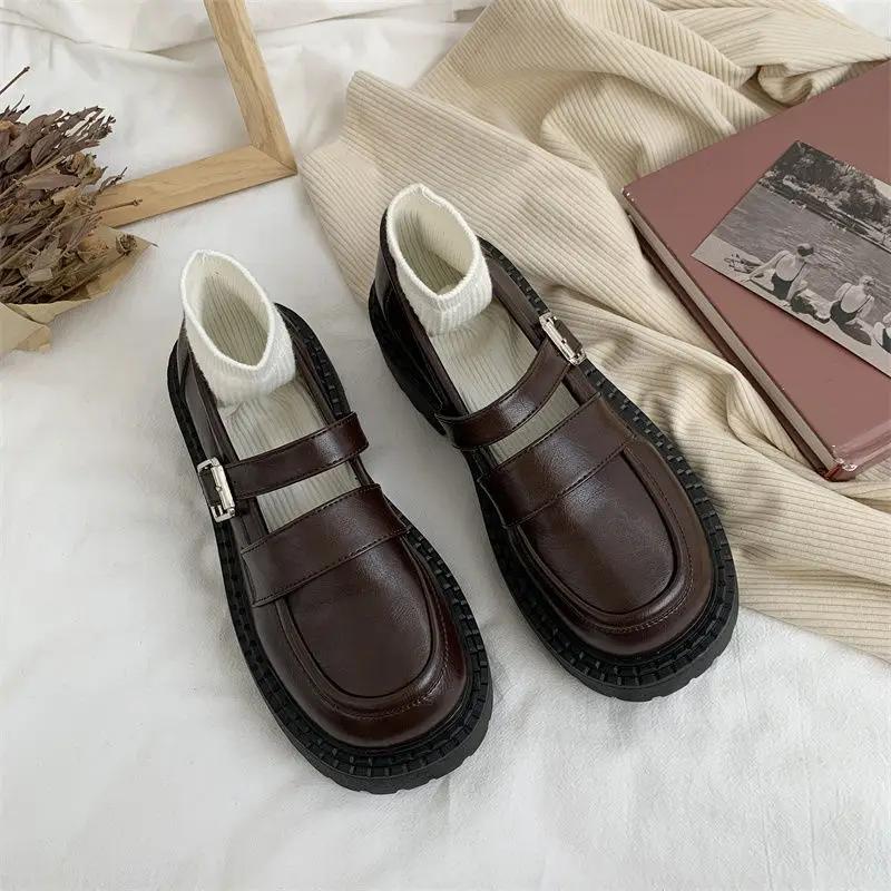 Fashion Brown Luxury Leather Casual Round Toe Ladies Footwear Japanese Style Lolita Gothic Women's Shoes Platform Buckle Mary Jane 39 E