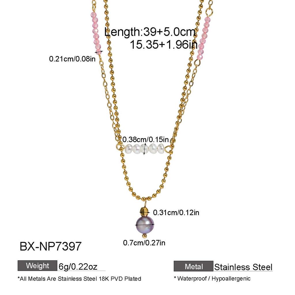 European & American Double-Layer Gray Purple Pearl Necklace, Titanium Steel, Colorfast, 18K Women's Luxury Layered Commuting Accessory