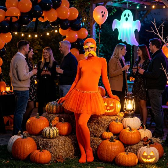 Unisex Zentai Suit Orange Full Bodysuit, with Tulle Skirt, Fake Belly, Yellow Mustache & Eyebrows, Solid Color Costume Open Face Suit, Halloween