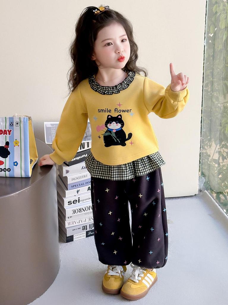 Spring 2025 Girls' Cartoon Sweatshirt & Pants Set - Casual Two-Piece for Baby Girls