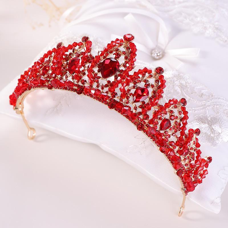 Red Crystal Crown Bride's Toasting Attire  Crown Headwear  Wedding Hair Accessories