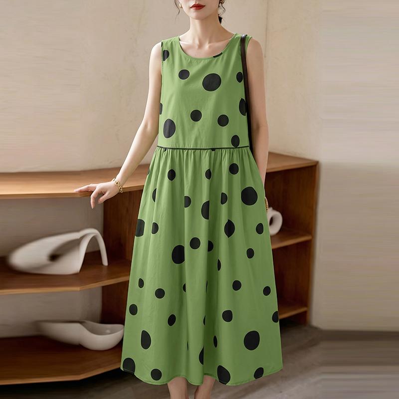 

ZANZEA Women Casual Round Neck Sleeveless Loose Polka Dot Print Dress 2XL зелений
