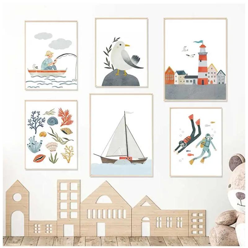 Sailboat Lighthouse Whale Seagull Shell Diver Posters Prints Canvas Painting Nordic Wall Art Pictures Kids Room Home Decor