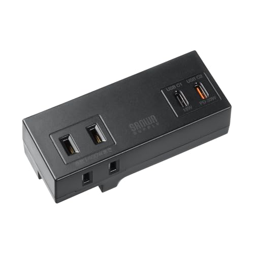 SANWA SUPPLY PD33W Power Strip (2 AC Outlets + 2 USB Type-C Outlets) with Swing Plug, Compact, Mobile, Black, TAP-MC2AC2BK