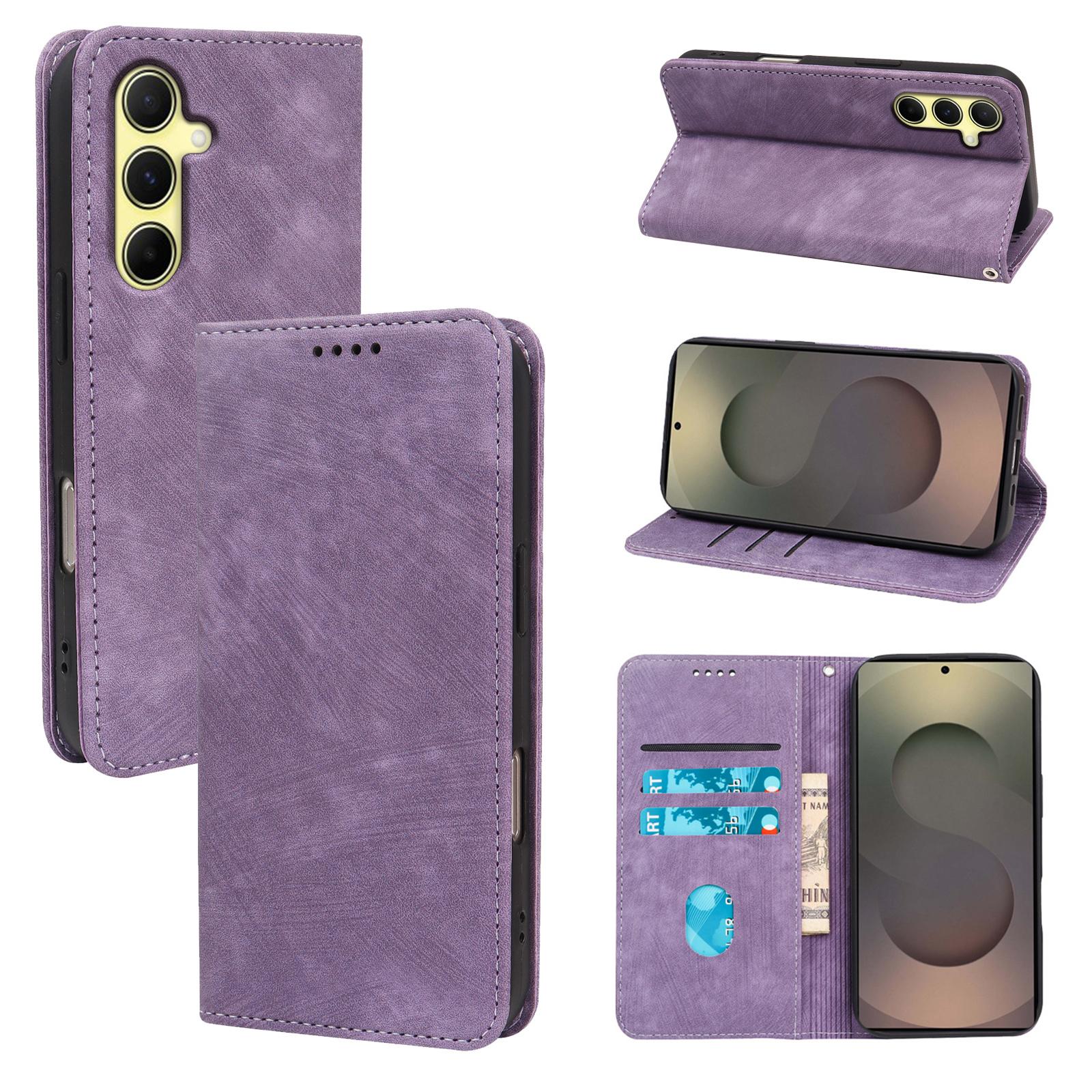 

For Samsung Galaxy A16 4G/5G Case Strong Magnetic Leather Wallet Phone Cover with Striped Texture Purple