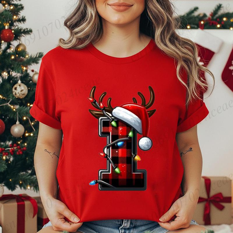 Christmas Alphabet Printed T-Shirt for Women Unisex Fashion Trendy Funny Casual Tops Santa Hat, Reindeer Graphic Tshirt T Shirt
