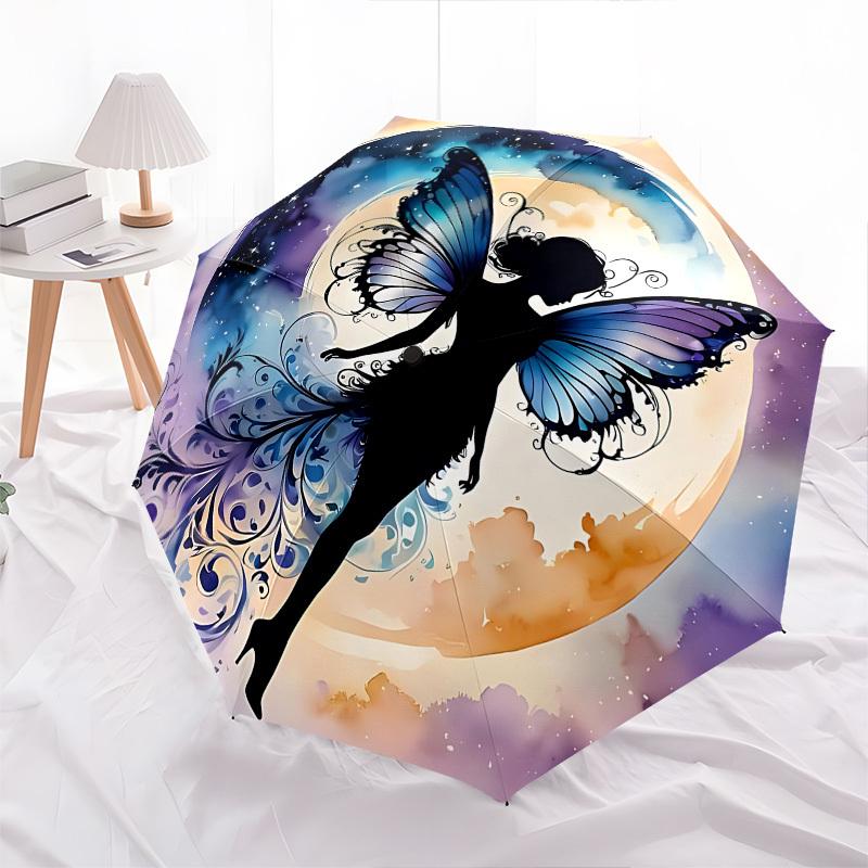 1pc Moonlit Butterfly Themed Umbrella, 8 Rib Frame,Automatic Opening 3 Fold Umbrella, Lightweight and Durable Couple Umbrella-209