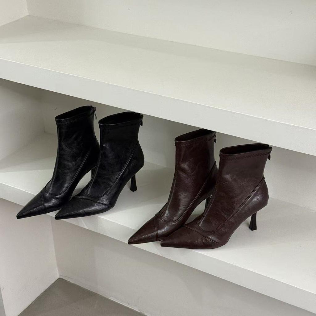 French pointed thin heel short boots women's autumn and winter high heel thin boots temperament brown leather zipper ankle boots
