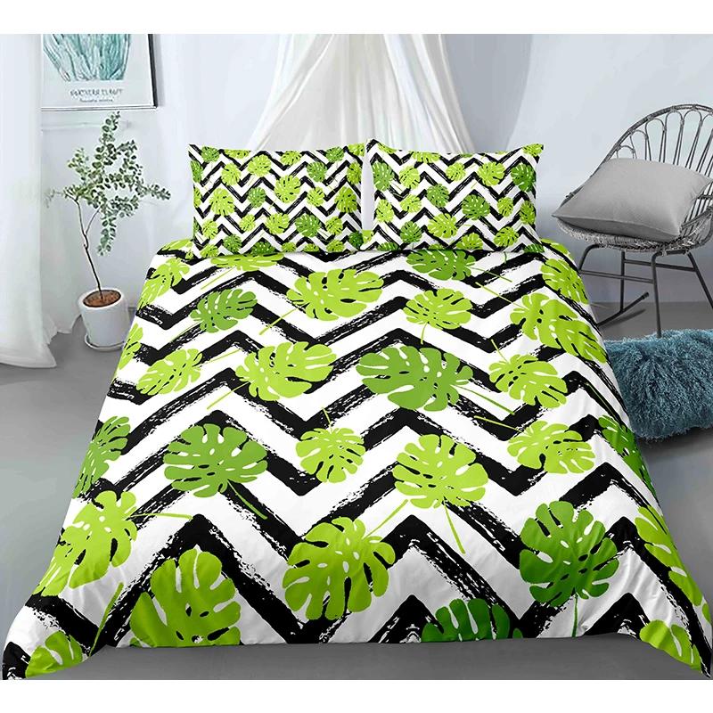 Tropical Botanical Leaves King Queen Duvet Cover Green Palm Leaves Polyester Bedding Set for Kids Teens Adults with Pillowcase