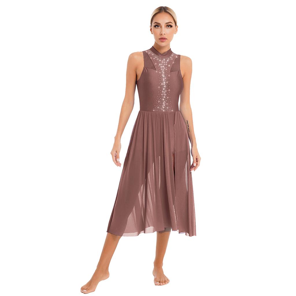 Damen Funkelndes Strass-Ärmelloses Kleid Mit Stehkragen Schlüsselloch am Rücken Seitenschlitz Performance Tanzkostüm