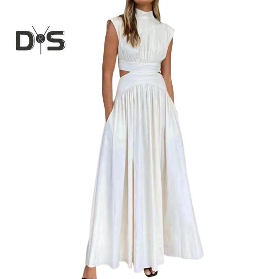 

Женское летнее длинное платье без рукавов с воротником-стойкой и вырезом на талии, коктейльное платье-платье А-силуэта с плиссировкой S белый