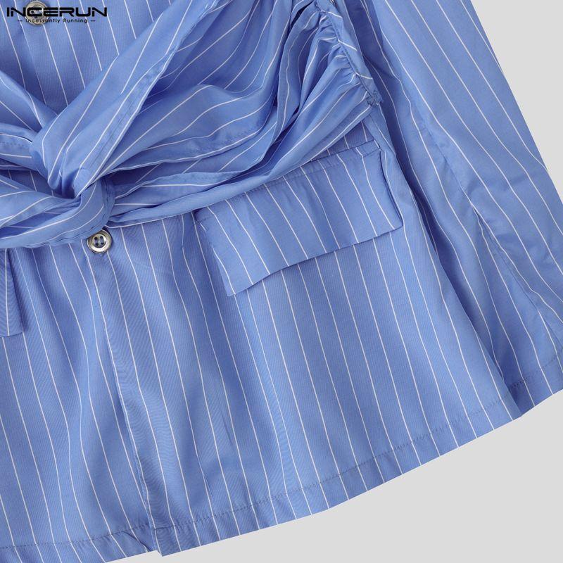 INCERUN Oversized Men High Neck Long Sleeve Twisted Striped Print Casual Loose Shirts