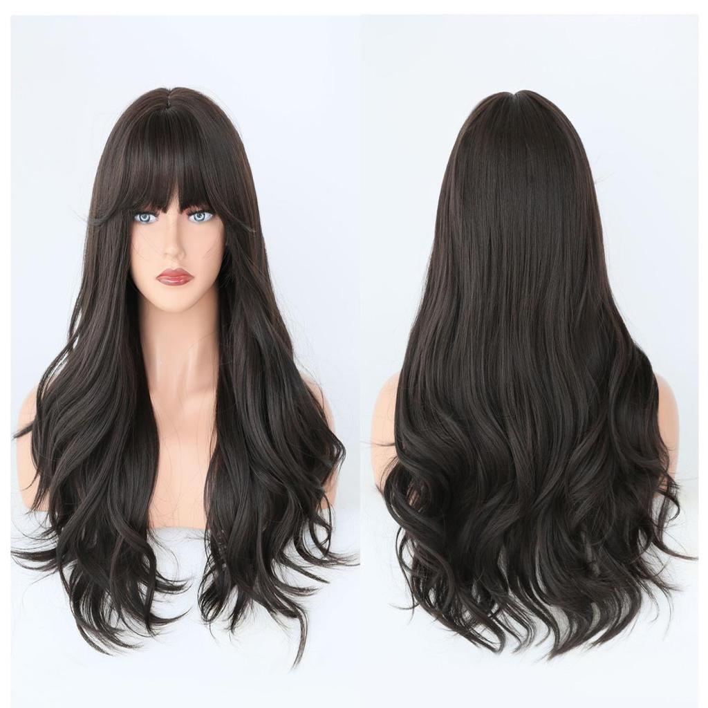 Voluminous Long Curly Wig with Feathered Bangs - Natural Looking Body Wave, Heat-Resistant Daily/Party/Wedding Hairpiece (Breathable Lightweight)