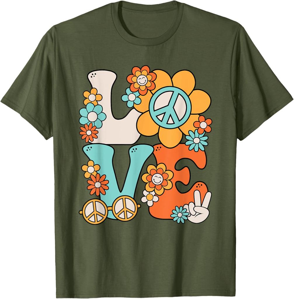 Hippie Peace Love Flower  70s Style  Print Cotton T-Shirt Casual Trip Tee for Women