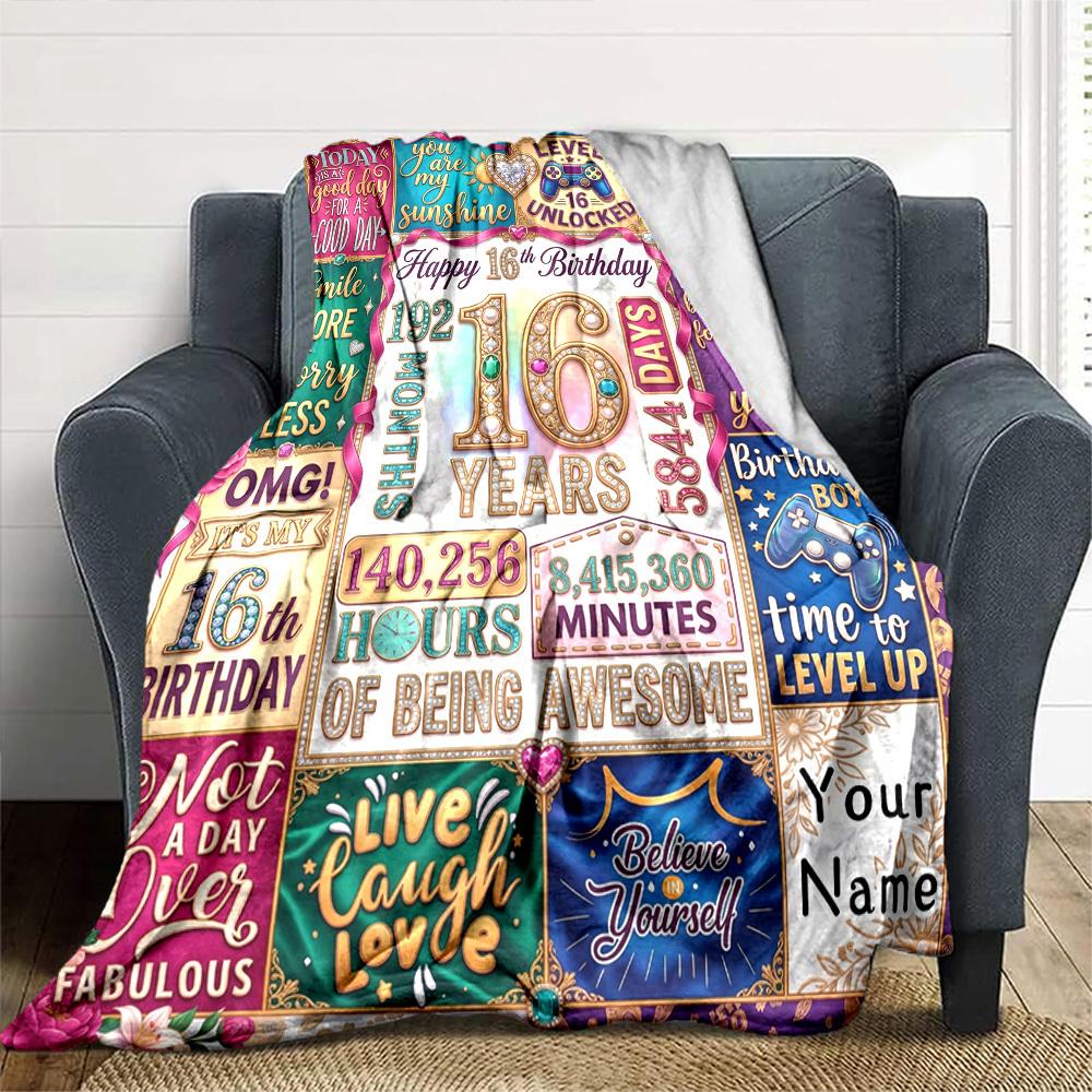 Happy 16Th Birthday Themed Blanket Personalized Name Soft Warm And Versatile For Sofa Bed Office And Travel Machine Washable Comfortable In All