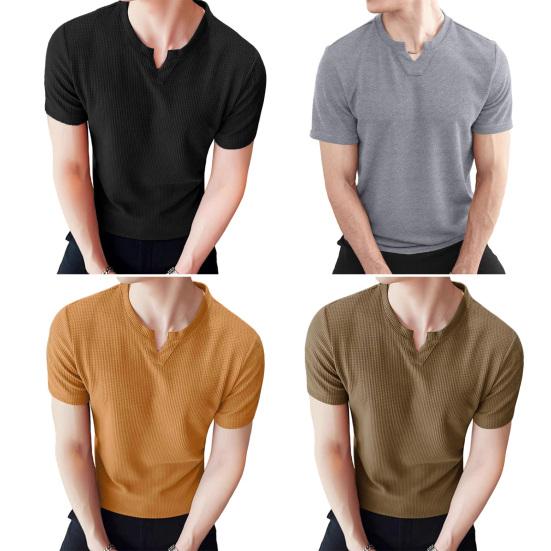 Tricou pentru bărbați cu gât în V tip waffle, culoare uni, tricou casual, top de vară cu mânecă scurtă, pulover pentru ieșiri zilnice, sală de sport acasă, îmbrăcăminte stradală