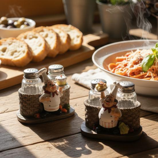 DYS Salt And Pepper Shakers Set, Decorative Resin Chef Statue Spice Organizer, Glass Seasoning Holder for Kitchen Dining Centerpiece