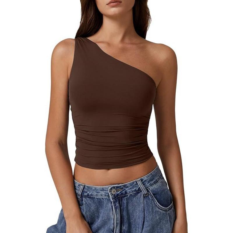 Women Summer One Shoulder Solid Slim Fit Cropped Tank Top
