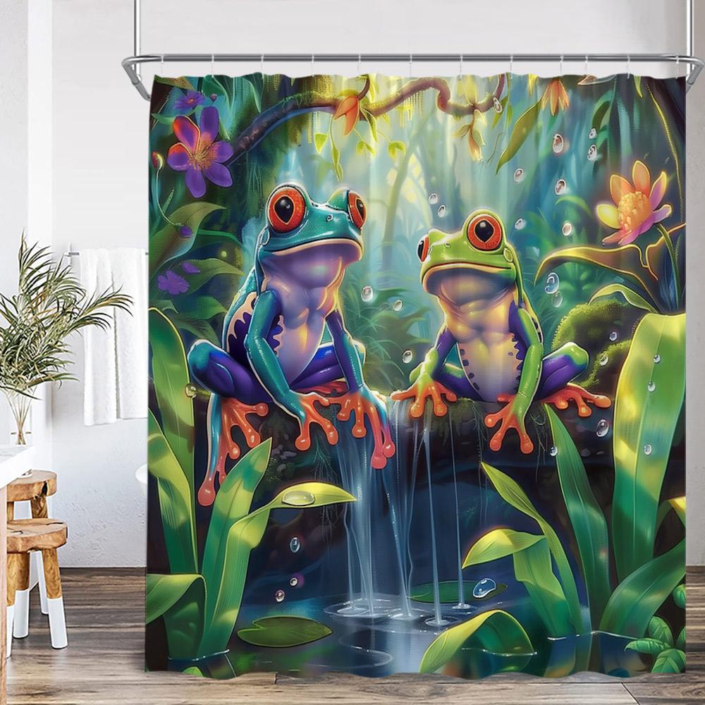 

Лягушка Занавеска для душа Лето Тропический лес Тропический лес Животное Цветы Природа Декор для ванной комнаты Натуральная Занавеска для ванны с крючками 120x180cm-47x70in