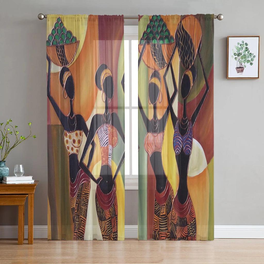 African Woman Dance Culture Vase Modern Tulle Curtains for Living Room Bedroom Home Kitchen Window Sheer Curtains
