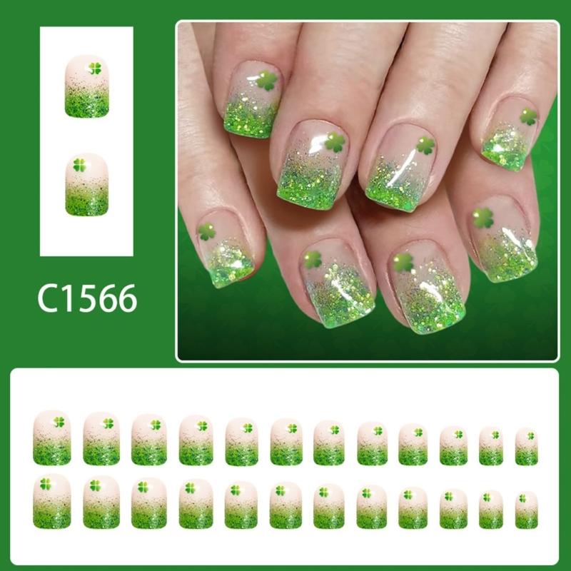 1Set Short False Nail Easy to Wear Patrick Day Nail Art Four Leaf Clovers Sparkling French Style Multiple Size