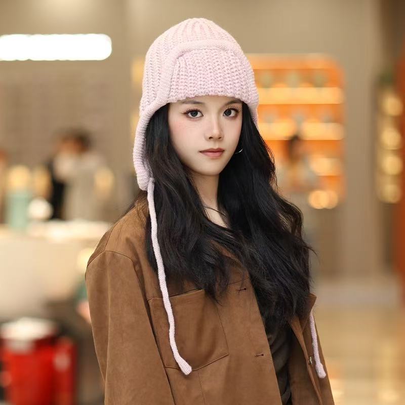 Ear protection knitted wool hat children's season warm Lei Feng hat men's solid color strap flying ski hat tide