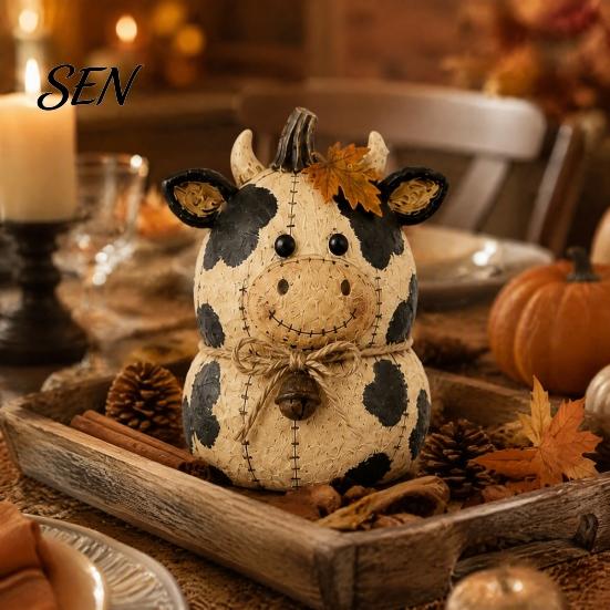 Decorative Animal Statues for Shelves Rustic Farmhouse Felt Ornaments, Cute Cow/Pumpkin/Rooster Figurines, Handmade Animals Vintage Country