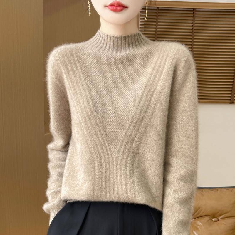 New Autumn and Winter Jacquard Thickened Half-high Neck Sweater for Women Fashion Versatile Warm and Comfortable Cashmere Knitted Base Shirt