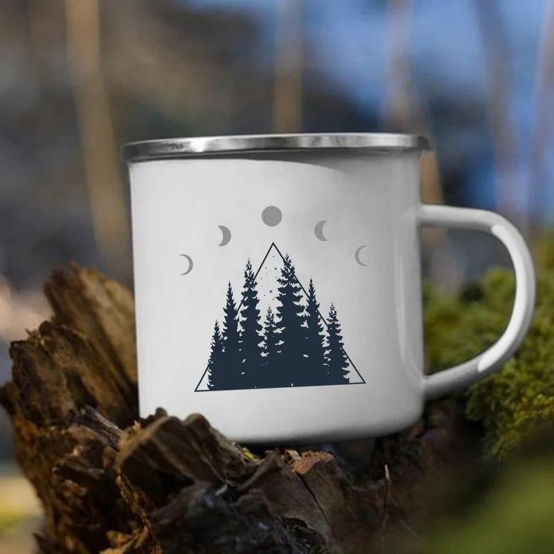 Stampa 'Le Montagne Aspettano' Tazza Smaltata Creativa Campeggio Caffè Tè Acqua Latte Tazze Manico Bicchiere Vacanza Escursionismo Regalo