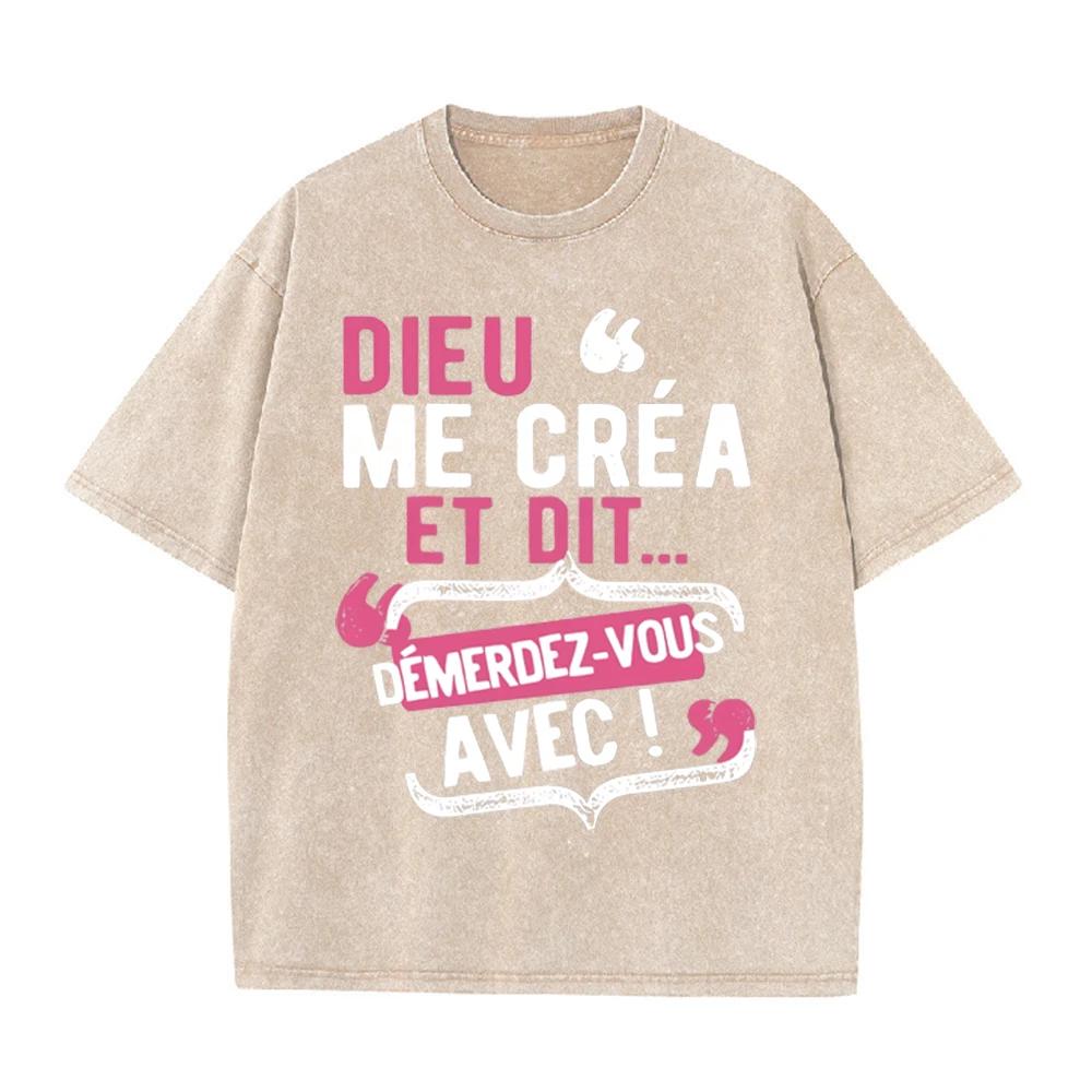 2026 Vintage Acid Wash French Letter Print T Shirt Unisex Oversized Crew Neck Drop Shoulder Short Sleeve Tee Retro Streetwear Su