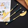 24Pcs Green Gold Dinnerware Set Stainless Steel Cutlery Set Kitchen Fork Knife Spoon Tableware Set Flatware Set Silverware Set