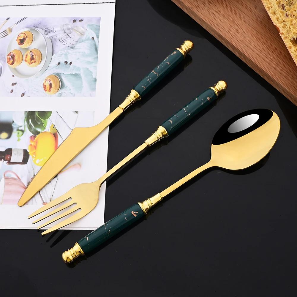 24Pcs Green Gold Dinnerware Set Stainless Steel Cutlery Set Kitchen Fork Knife Spoon Tableware Set Flatware Set Silverware Set