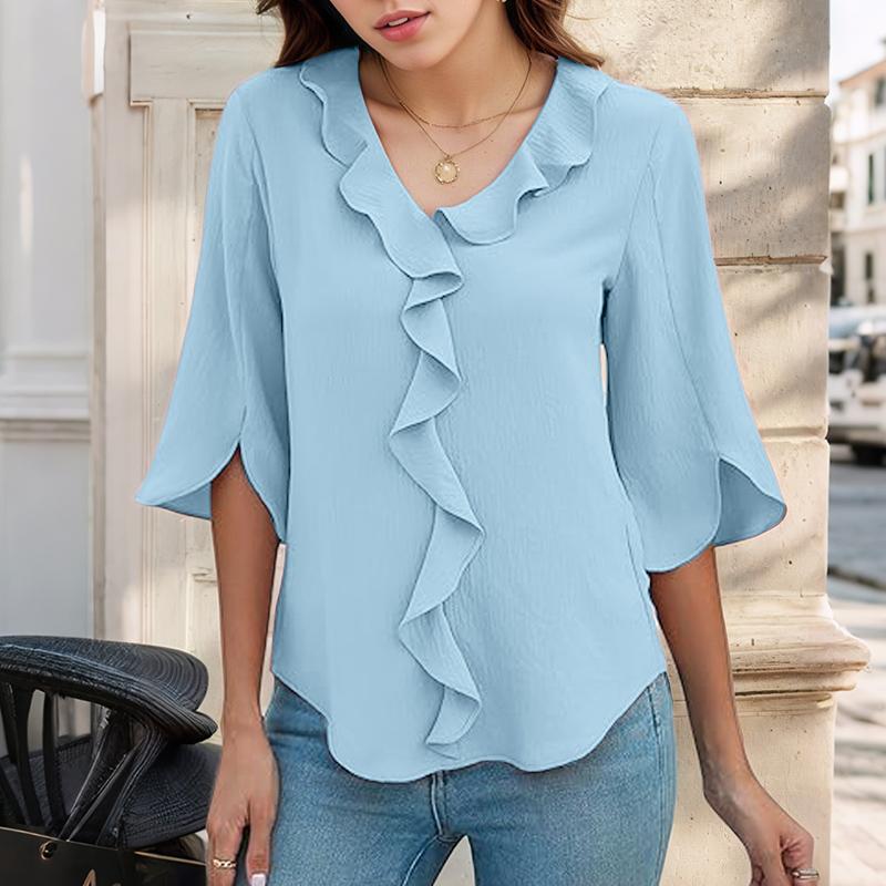 ZANZEA Womens Summer V-Neck 3/4 Sleeve Loose Ruffles Blouse