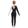 Girls Sparkly Rhinestone Jumpsuit Long Sleeve Round Collar Hollow Back Patchwork Style Dance Performance Outfit