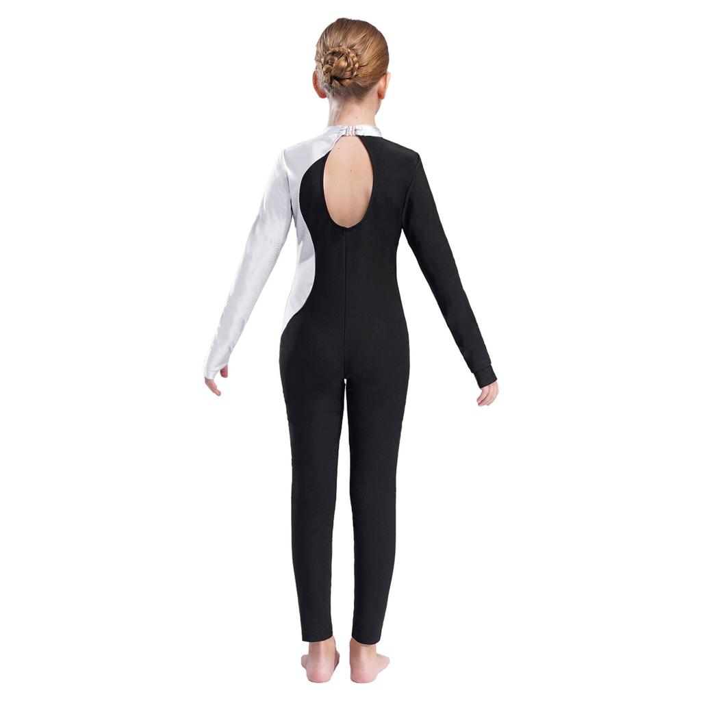 Girls Sparkly Rhinestone Jumpsuit Long Sleeve Round Collar Hollow Back Patchwork Style Dance Performance Outfit