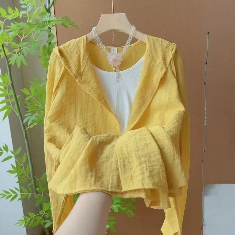 

Летняя тонкая свободная корейская худи с капюшоном для защиты от солнца, новая модная повседневная куртка в зарубежном стиле, рубашка с длинным рукавом, топ S жёлтый