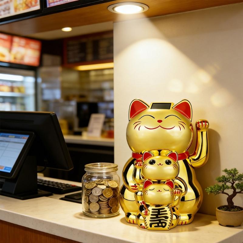 Lucky Cats Waving Arm Set Lovely Chinese Cats Solars Fortune Cats Statue Decorations for Front Desks,Business Openings