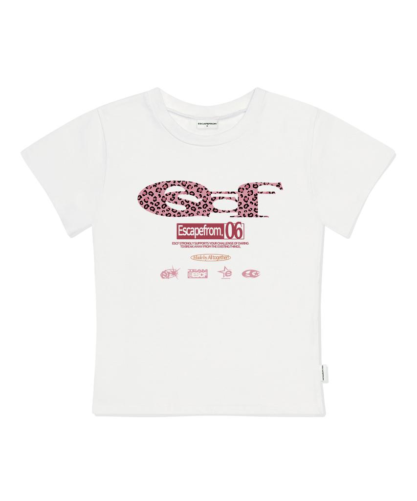 ESCAPEFROM Pink Leopard Escf Logo Collage Print Slim Fit Short Sleeve T-Shirt Ivory