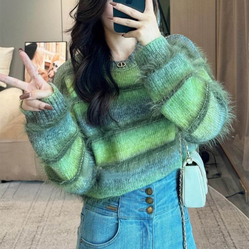 Women's Soft Mink Fur Gradient Sweater - Loose Knit, Long-Sleeved, Autumn/Winter Fashion
