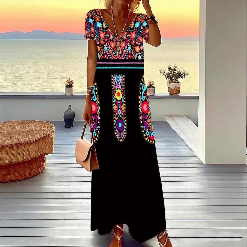 Women Plus Size Short Sleeve V Neck Maxi Dress Black To Cyan Gradient Color Print Loose Summer Vacation Long Dress