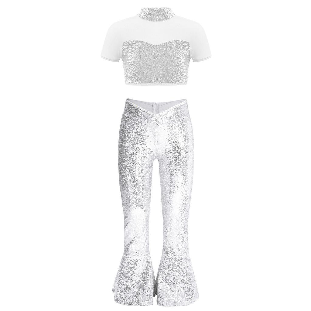 Girls Performance Costume Short Sleeve Mesh Patchwork Cutout Back Sequins Crop Top Sequin Zipper Bell Bottomed Pants