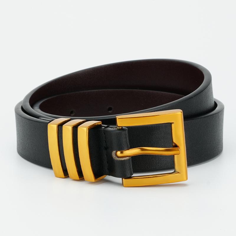 Women's 2.4cm Alloy Solid Electroplated Pin Buckle Black Brown Slim Retro Cowhide Belt