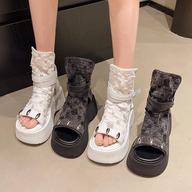 Summer thin high-top sandals fashion toe muffin denim ripped summer Martin boots leaking mesh short boots women