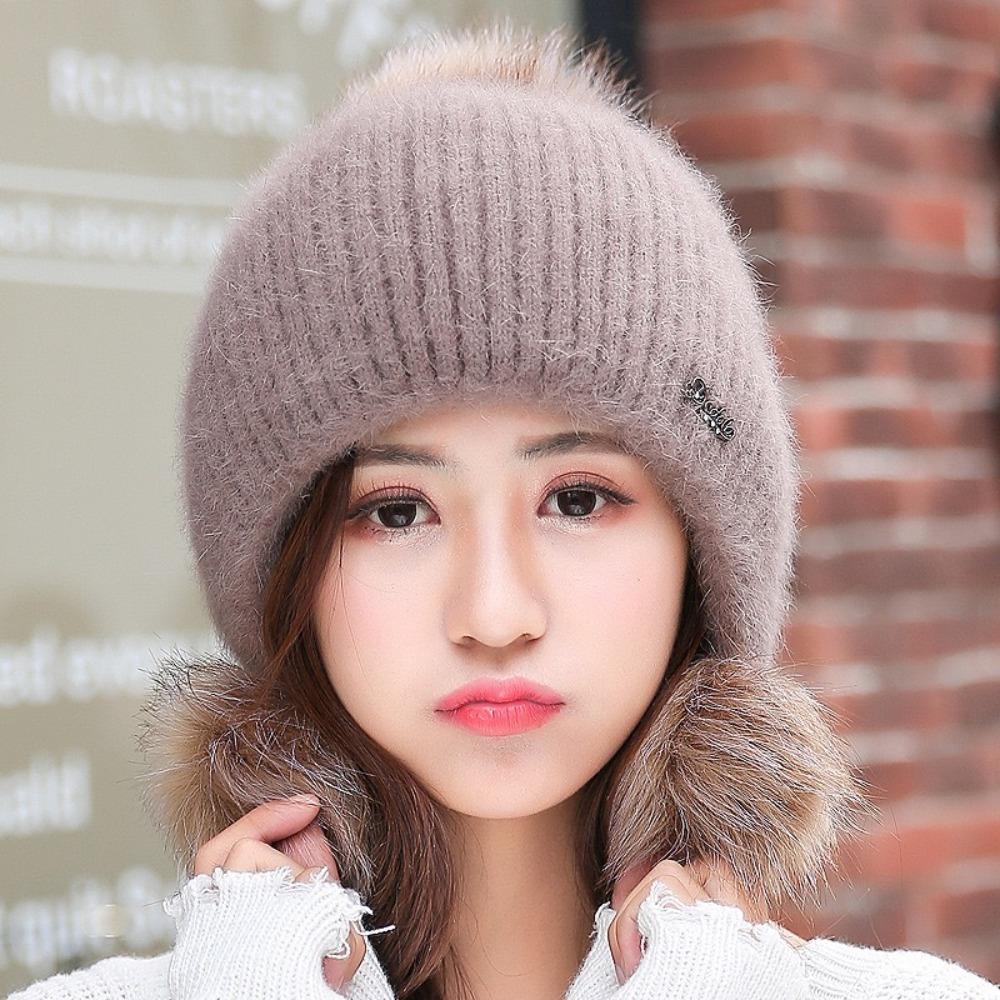

Thickened Fur Pompom Beanies Hat Ear Protection Pullover Hat Fashion Warm Knitted Hat Women кавовий