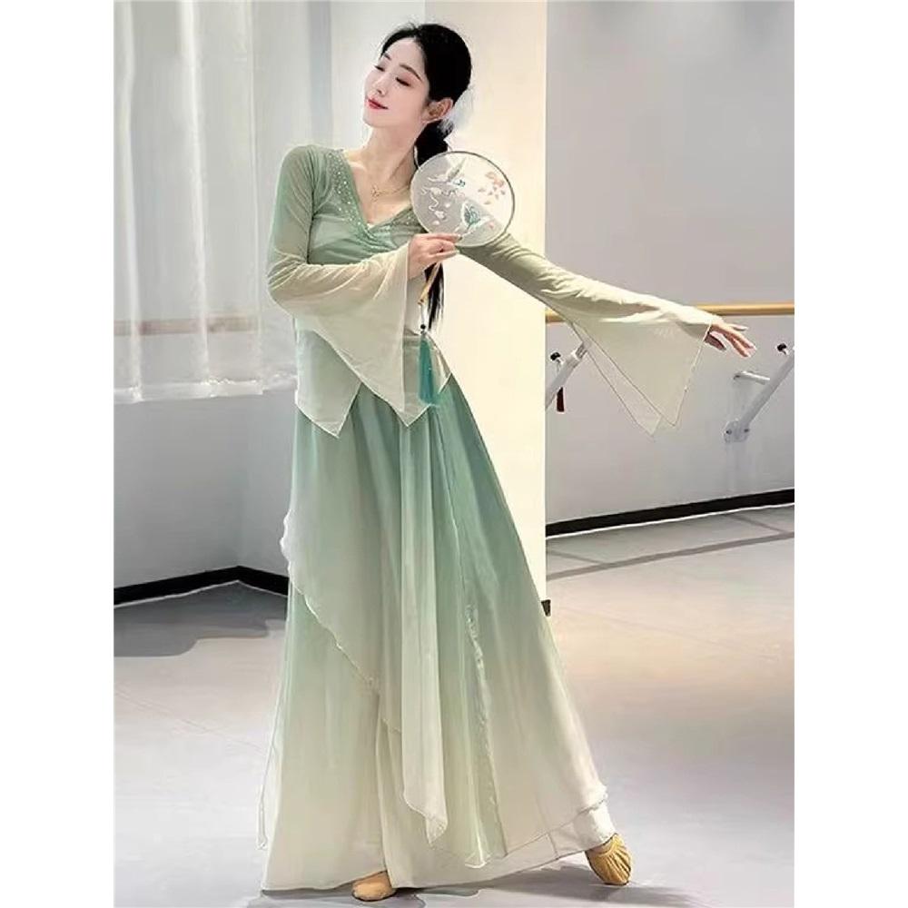 Women's Chinese Style Gradient Chiffon Dance Set, Bell Sleeve Sheer Top Flowy Skirt For Practice & Stage Performance