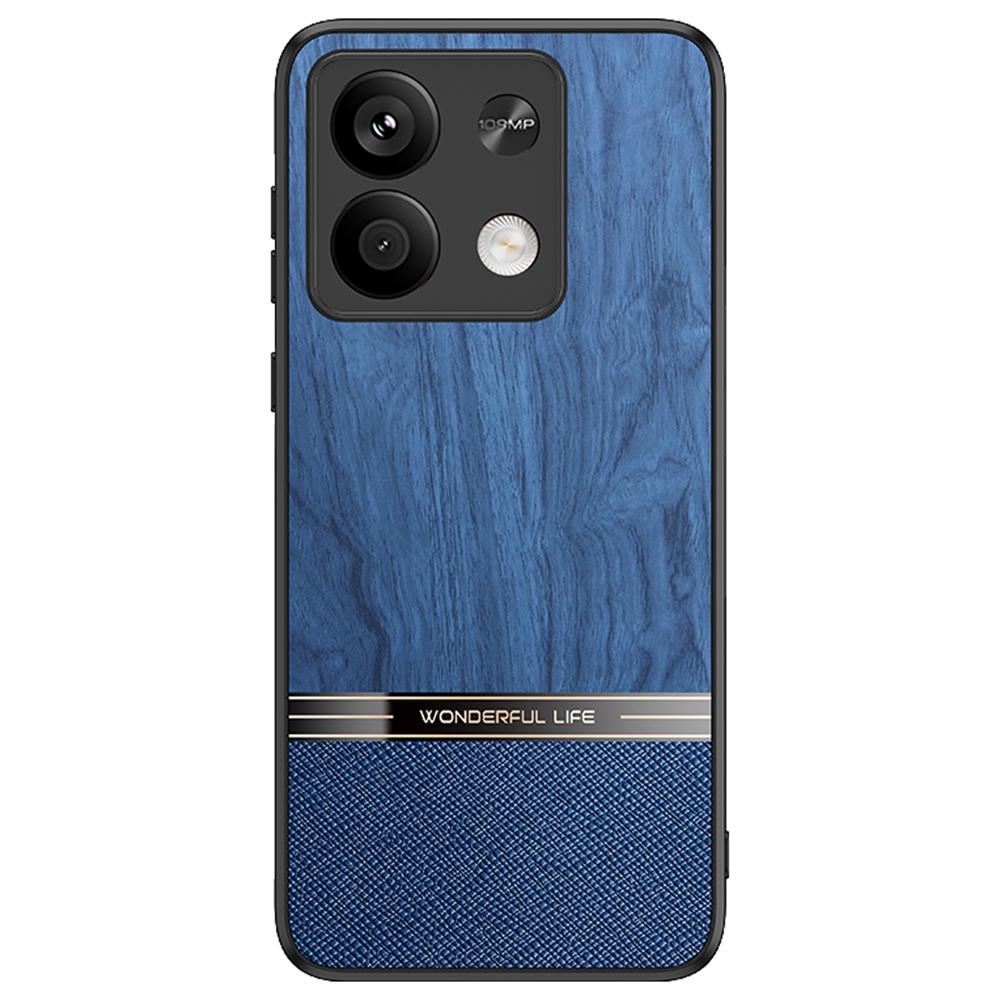 

For Xiaomi Redmi Note 13 5G Case Wood Texture Leather Coated TPU Phone Protective Cover Blue